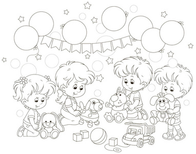 在游戏室里玩有趣的软玩具的小孩子,用卡通风格的黑白矢量插图为一本