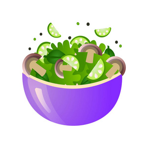 在彩色碗中的各种美味蔬菜的绿色新鲜沙拉