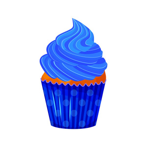 向量动画片样式甜蛋糕的例证。以蓝色奶油装饰的美味甜点。在白色背景查出的松饼