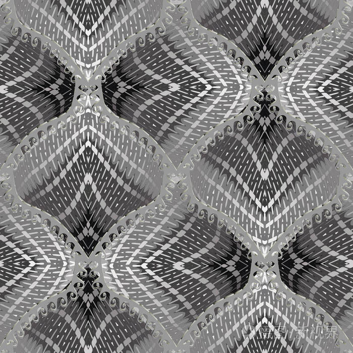 现代有趣的几何矢量无缝图案半色调网膜灰色背景重复半音形状背景希腊