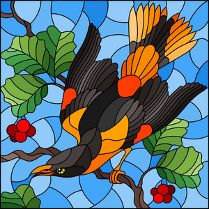 在树和天空的树枝背景上用一只美丽明亮的鸟做彩色玻璃的插图