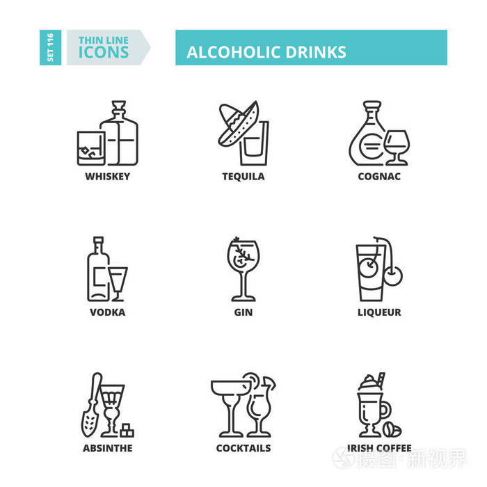 关于酒精饮料的线条图标。