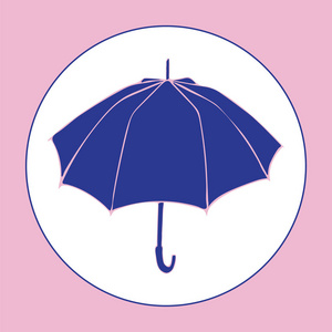 打开的伞隔在白色背景上。 伞图标在平面卡通风格的网站设计标志应用程序UI。 矢量图。 蓝色和粉红色。
