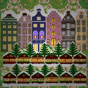 矢量图。 傍晚的村庄冬季景观与雪湾绿色和棕色的房子。 圣诞冬景。 背景。