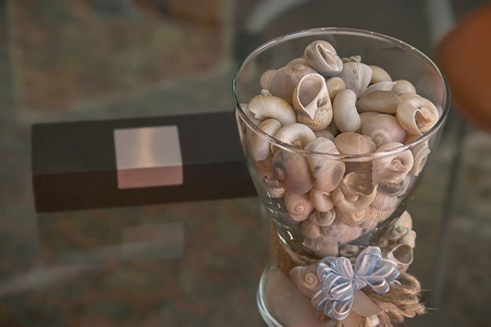 还有一个透明的玻璃花瓶，装满了来自大海的贝壳。 用作观赏元素的纪念品。