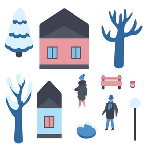 平面式季节性设计冬季城市元素的矢量图集