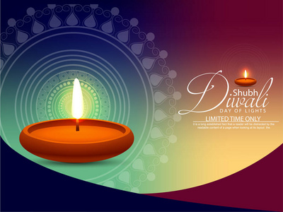 快乐的Diwali海报标题横幅或贺卡设计与插图照明油灯DiwaliDhamaka销售模糊背景。