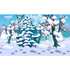 冬季素描的背景下, 雪云杉和红罗恩树在森林。圣诞节和新年贺卡节日海报或聚会请柬的样品。矢量图特写