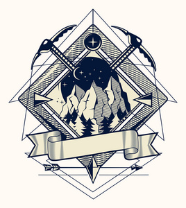 山地探险单色装饰标志插图图片