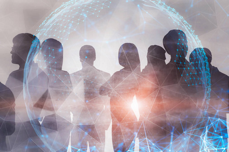 多角形地球背景下不同业务团队成员的剪影. 高科技产业的概念.