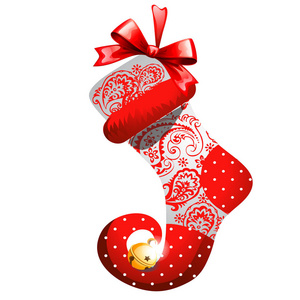 圣诞节素描与装饰的印花靴与弯曲脚趾与红色丝带弓和金色装饰叮当铃。圣诞海报请柬和其他卡片的样本。向量例证