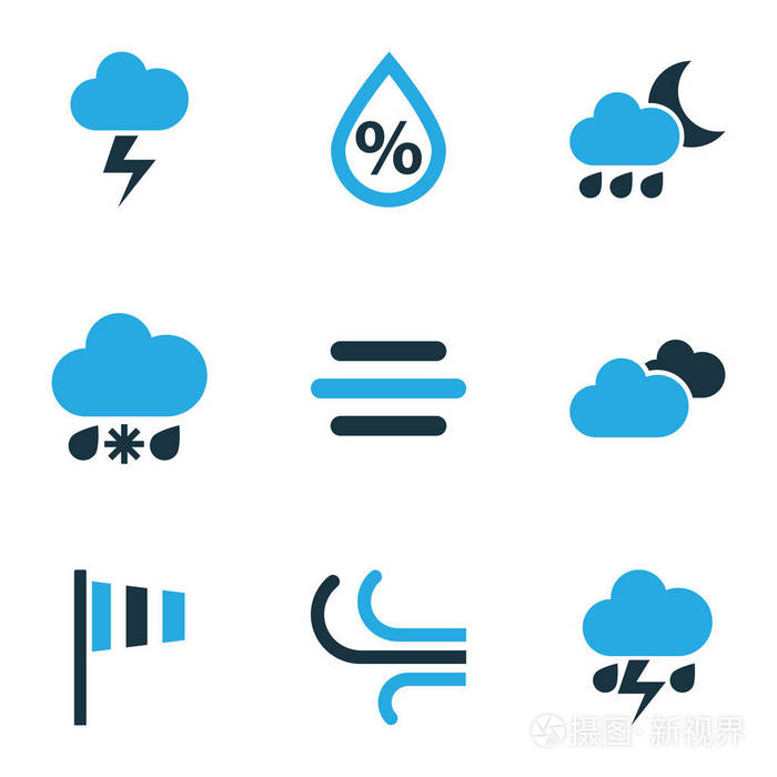 空气图标设置与阴天, 暴风雨, 下雪雨和其他雷暴元素.