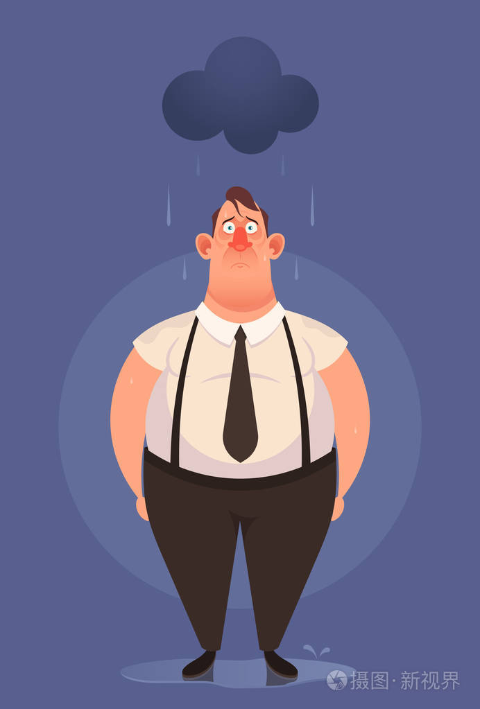有趣的卡通人物悲伤的上班族站在雨云下倒霉的概念矢量插图