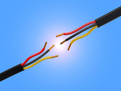 两根电线在蓝色的背景上互相延伸.团结与和平的原型.3d 插图照片