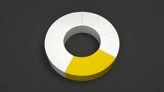白色环形饼图，黑色背景上有一个黄色扇区。 信息模型。 三维渲染图