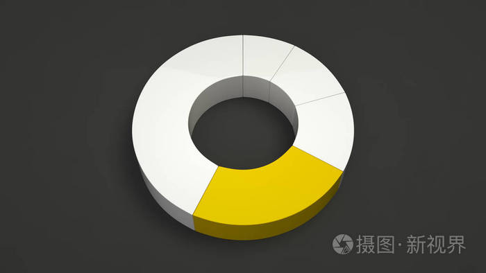 白色环形饼图，黑色背景上有一个黄色扇区。 信息模型。 三维渲染图