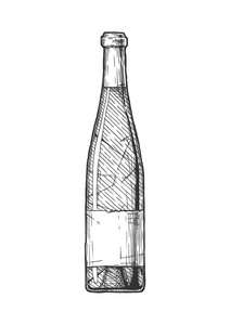 矢量手绘葡萄酒瓶的老式雕刻风格插图。 孤立在白色背景上。