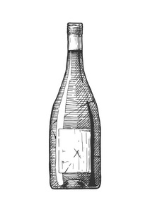 矢量手绘葡萄酒瓶的老式雕刻风格插图。 孤立在白色背景上。