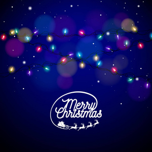 圣诞节插图与发光五颜六色的灯花环圣诞节假期和新年快乐贺卡设计在闪亮的蓝色背景