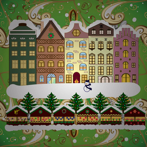 矢量图。 村庄在圣诞横幅的背景上有雪和雪花。 贺卡。