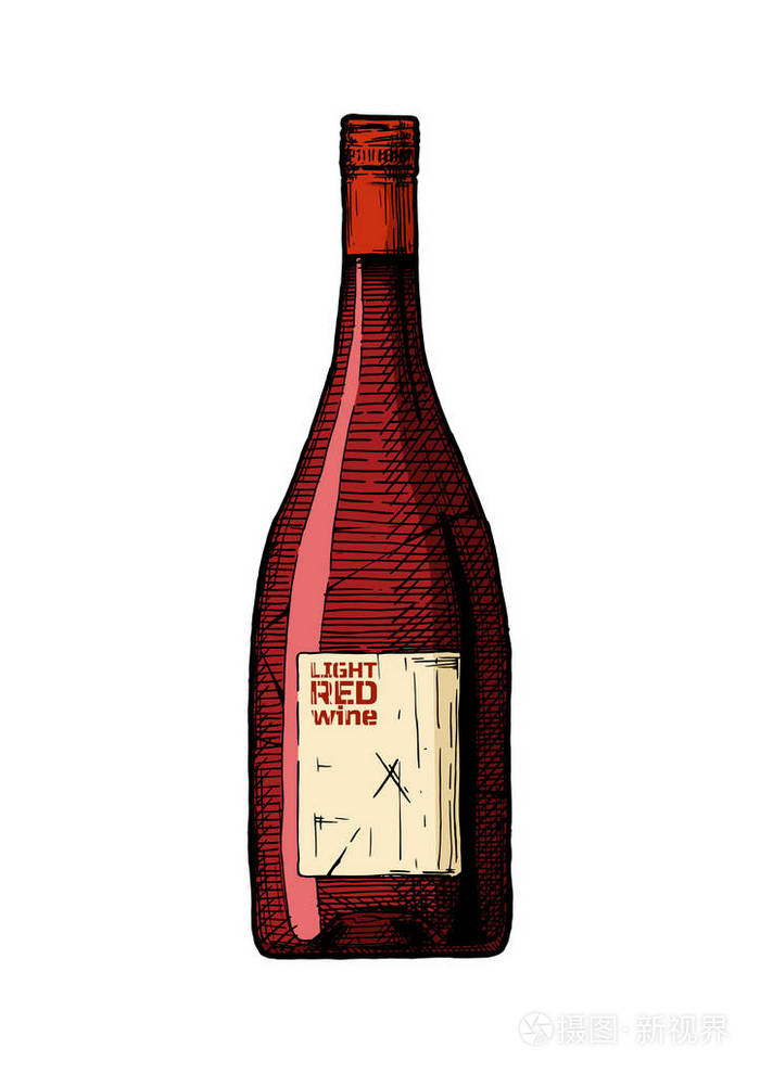 酒瓶年份雕刻风格的浅红葡萄酒插图孤立在白色背景上
