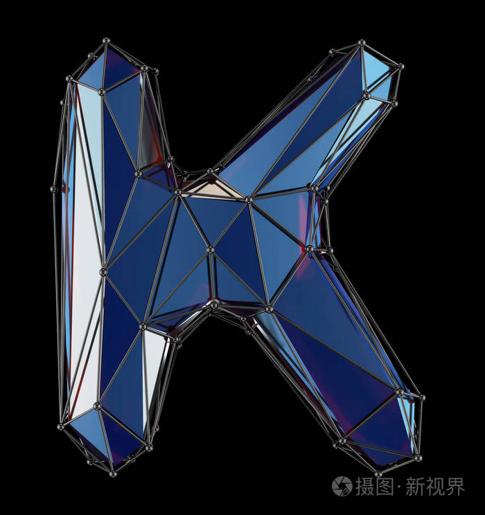 大写拉丁文字母 k 在低保利样式蓝色被隔绝在黑色背景上