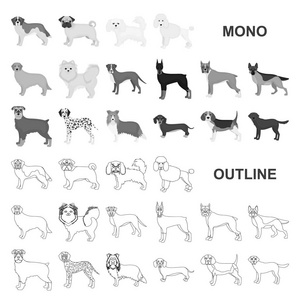 狗在集合中繁殖单色图标设计。狗宠物向量符号股票网页插图