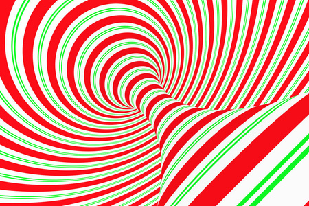 圣诞节节日红色和绿色螺旋隧道。条纹扭曲的圣诞光学错觉。催眠背景。3d 渲染插图