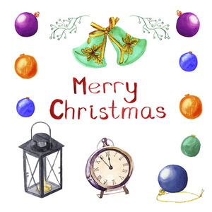 一套圣诞符号。球，钟，灯，钟。水彩圣诞装饰，插图圣诞卡快乐