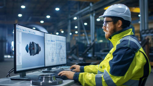 在重工业工厂内部,工业工程师工作在个人计算机设计涡轮/发动机的三维