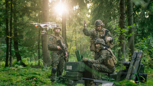 陆军工程师和士兵操作军用级工业无人机进行侦察/监视任务/行动