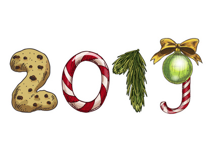 快乐2019新年号码与松树树枝球弓饼干和糖果。 设计或贺卡的节日矢量元素