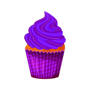 矢量卡通风格的可爱的纸杯蛋糕的例证。美味的甜甜点, 装饰着紫色的奶油。松饼查出在白色背景