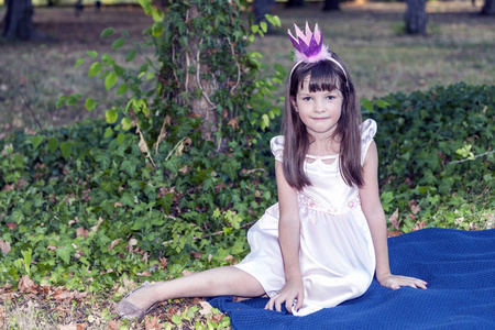 小可爱的小女孩穿着一件连衣裙，头上戴着皇冠，坐在公园里的毯子上玩。 4.她正在夏天的户外活动
