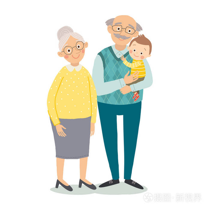 祖母,祖父和婴儿孙子.祖父母日贺卡的概念.