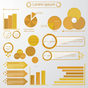 一套带有卡通玻璃圆圈的金色sienna颜色的信息元素。 圆圈饼图世界箭头时间线文本气泡图图矢量模板。 用于网络和打印。