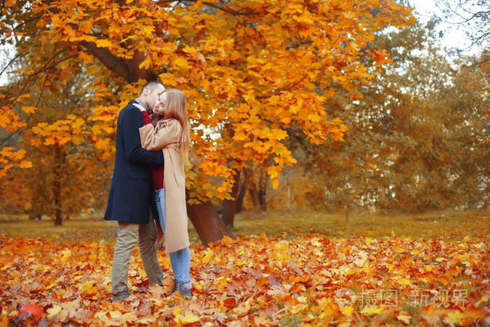 女孩和男人或情人约会拥抱在公园里相爱的夫妇秋天约会的概念在自然