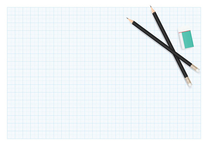 铅笔和橡皮擦在绘图纸背景和面积的复制空间。 矢量图。