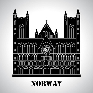 挪威地标。 哥特式尼达罗斯大教堂图标。 旅游观光收藏。 矢量插图