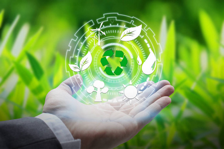 手持环境图标通过网络连接自然背景技术生态概念.照片