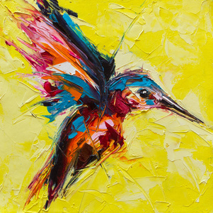 野兽派一幅翠鸟在黄色背景上的幻想肖像,原画在画布上,用调色板刀制作