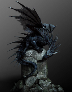 黑色奇幻龙，有翅膀和尖刺