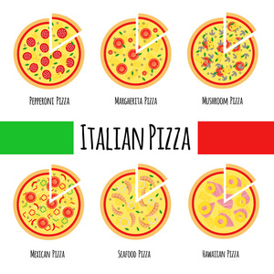 披萨菜单，包括流行的披萨海鲜，墨西哥夏威夷蘑菇，玛格丽特和意大利辣香肠。 平面样式矢量插图。
