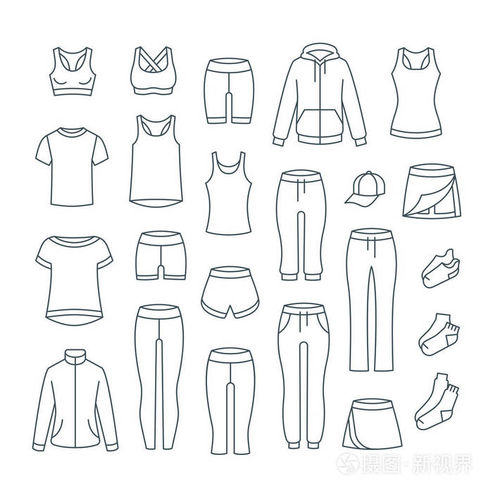 活动女孩的轮廓服装. 运动衫裤子上衣短裤短袜插画-正版商用图片13