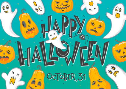 万圣节派对海报与字母ghostspumpkins和spider.hallowen设计完美的打印，传单，邀请和更多。矢量万圣节插图