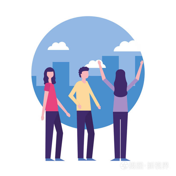 社区活动贴纸云城市妇女和男子步行矢量插图插画-正版商用图片13zyx2