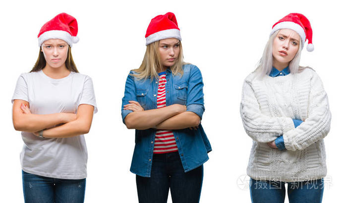 拼贴的一群年轻妇女戴着圣诞帽，在孤立的背景怀疑和紧张的不赞成的表情上，用交叉的手臂。 消极的人。