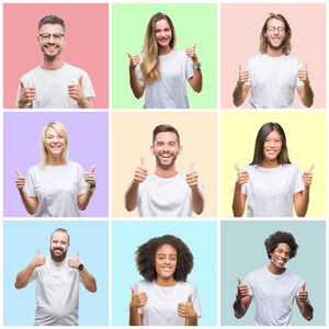 拼贴群体中的男女在五颜六色的孤立背景上成功的标志，用手竖起大拇指，微笑和快乐地做积极的手势。 用欢快的表情看着相机，胜利者的手势