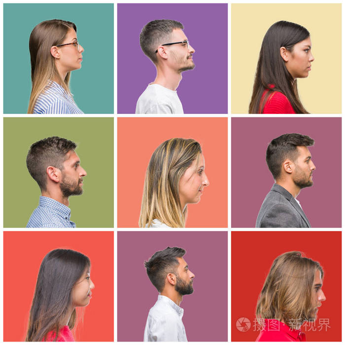 拼贴的群体人物,男女在五颜六色的孤立背景下,寻找侧面放松的轮廓姿势