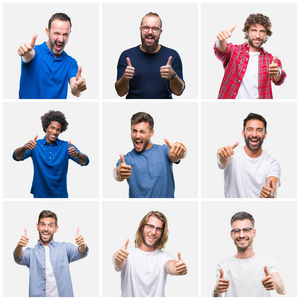 一群男人在白色的孤立背景上拼贴，赞成用手竖起大拇指做积极的手势，微笑，为成功而高兴。 看着相机赢家的手势。